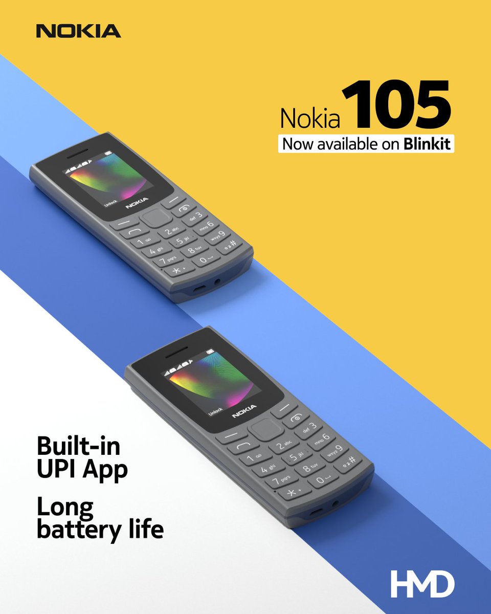 HMDdevicesIN's tweet image. Your favourite feature phone, Nokia 105 is now available on Blinkit!
With long-lasting battery life and built-in UPI App, convenience is just 10 minutes away.

@letsblinkit

#HumanMobileDevices #Blinkit #HMD #HMDIndia