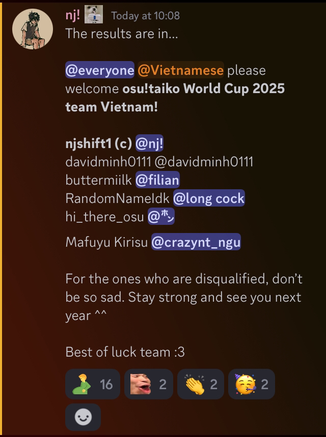 masteratplinko's tweet image. Hi

TWC2025 VN Team, will do some tourneys this year again for my last year of osu.
Aint captain cuz I don't want to deal w my timezone.

Bye