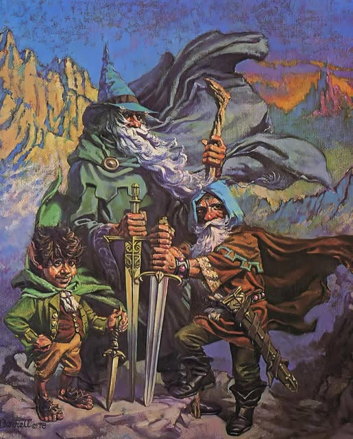 GANDALF WITH BILBO AND THORIN
(Quest of Erebor)
Cover art for the cassette of The Lord of the Rings BBC radio drama series,  circa 1980's, art by Randy Berrett.