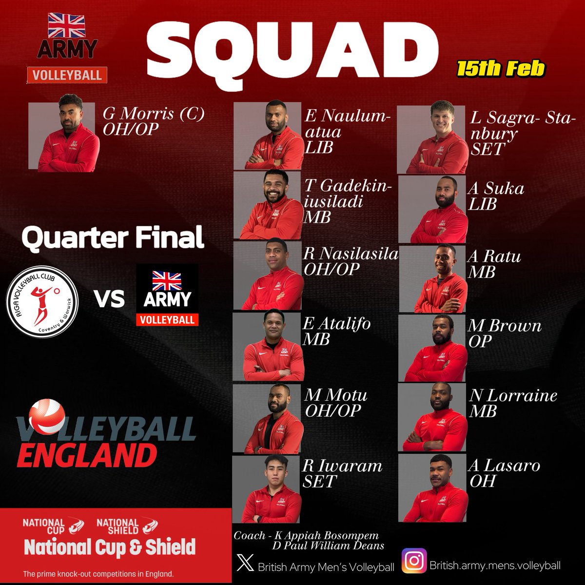 British Army Men's Volleyball (@britisharmymen1) on Twitter photo Squad Announcement 👇🏾
Motu returns.
Jnr Morris skippers.
<a href="/VballEngland/">Volleyball England</a>
<a href="/ArmySportASCB/">Army Sport</a>
#HistoryMakers. Squad Announcement 👇🏾
Motu returns.
Jnr Morris skippers.
<a href="/VballEngland/">Volleyball England</a>
<a href="/ArmySportASCB/">Army Sport</a>
#HistoryMakers.