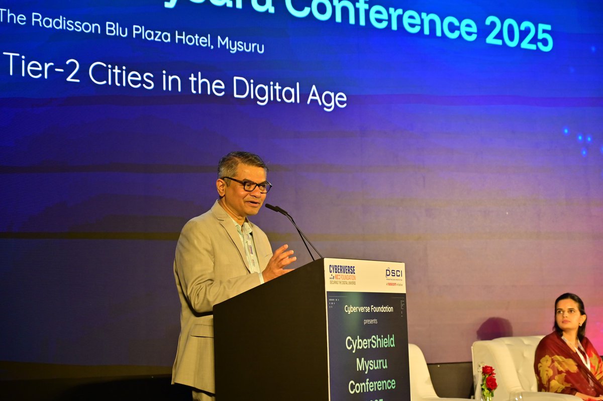 MCyberverse's tweet photo. At #CyberShield2025, Vinayak Godse, CEO of DSCI, emphasized partnerships in advancing cybersecurity. He highlighted Mysuru’s rise as a cyber hub &amp; the industry's $40-50B potential. Cybersecurity is a collective responsibility for a secure digital future.

#Cybersecurity #Digital https://t.co/c3q9IE7c6V