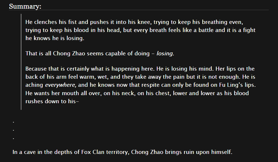 yanhuiis's tweet image. turning in your stomach (am i making you feel sick?)
 
🩸 a lingzhao smut one-shot (18+) 
🔥 missing scene from the fox clan arc 
🏹 #MoonlightMystique #LingZhao 

🔗: archiveofourown.org/works/63090004