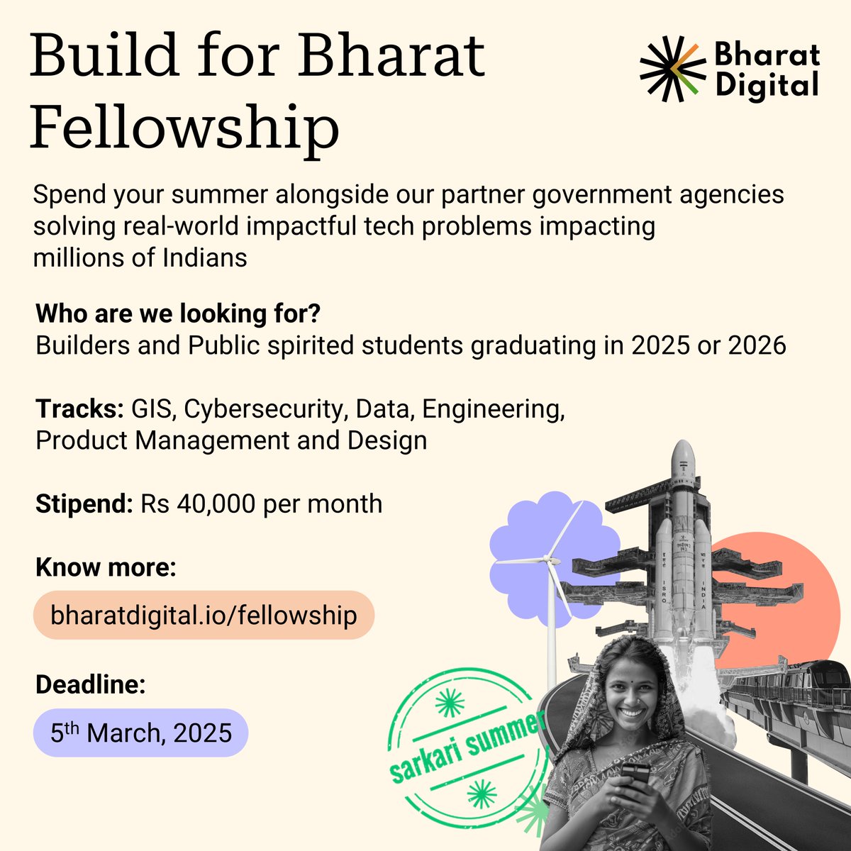 🔉Build for Bharat Fellowship!

Use your tech and design skills to improve real-work public digital systems that power the government.

Paid summer internship in partnership with partner government departments, expert mentorship from industry and training to become a Public