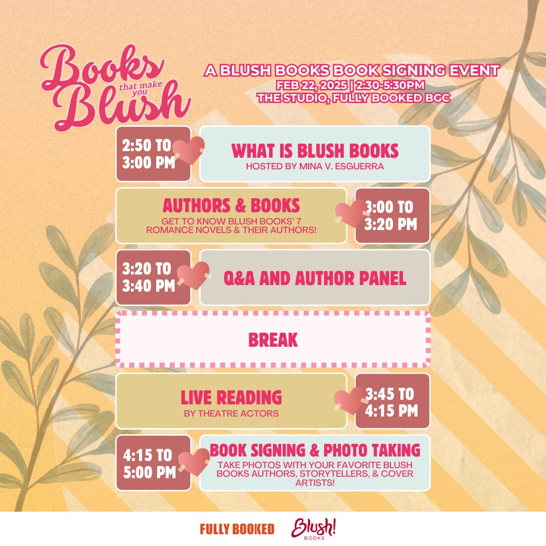 tarafrejas's tweet photo. BOOKS THAT MAKE YOU BLUSH: a #BlushBooks event at Fully Booked Bonifacio High Street is happening next Saturday, February 22 from 230-530 pm! Will be there with Mina V. Esguerra, Brigitte Bautista, Danice Mae P. Sison, Six de los Reyes, and Dawn Lanuza! #RomanceClass https://t.co/5tp5BLTbHE