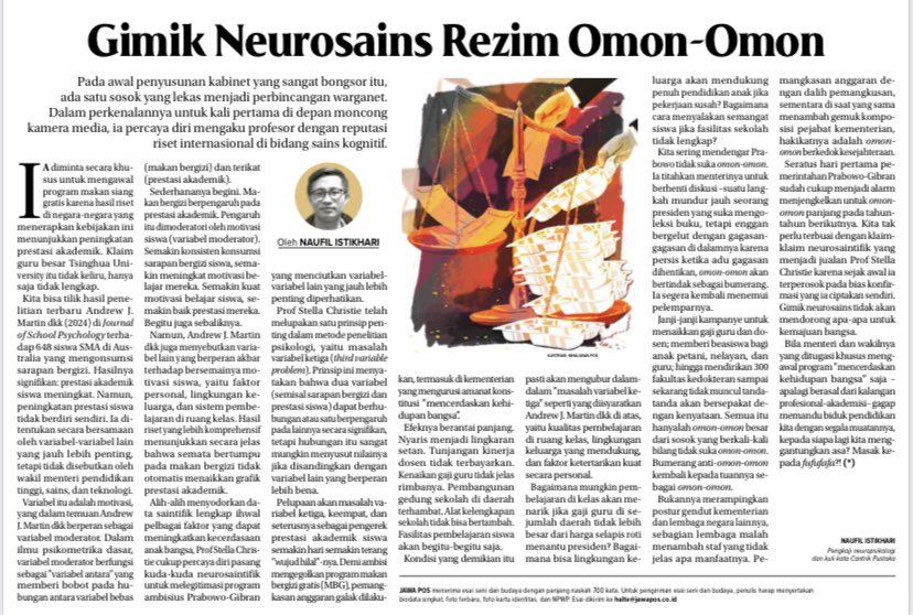 Apa yang bisa dilakukan si Stella untuk membenahi sistem pendidikan di tengah pemangkasan angaran? 

Kalau bisanya cuma melegitimasi MBG dengan hasil penelitian “petik ceri” mah mending gak usah sering jualan sains kognitif deh. Bias konfirmasimu sundul langit.