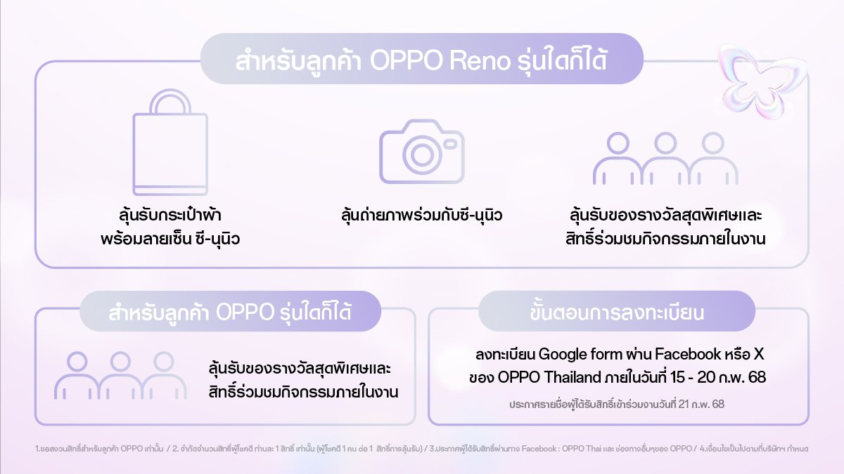 ซนซน เตรียมตัวให้พร้อม ร่วมลุ้นเจอคู่จิ้นสุดฮอต "ซี นุนิว" ที่งาน OPPO Reno13 series 5G : User Event สุดเอ็กคลูซีฟ ✨
ลงทะเบียนผ่านลิ้ง forms.gle/t8u9pA6qn4o5uh…
กรอกข้อมูลให้ถูกต้องและครบถ้วนเท่านั้น*
📅 ลงทะเบียนตั้งแต่วันนี้ - 20 ก.พ. 68
📌 ประกาศผู้โชคดีวันที่ 21 ก.พ. 68