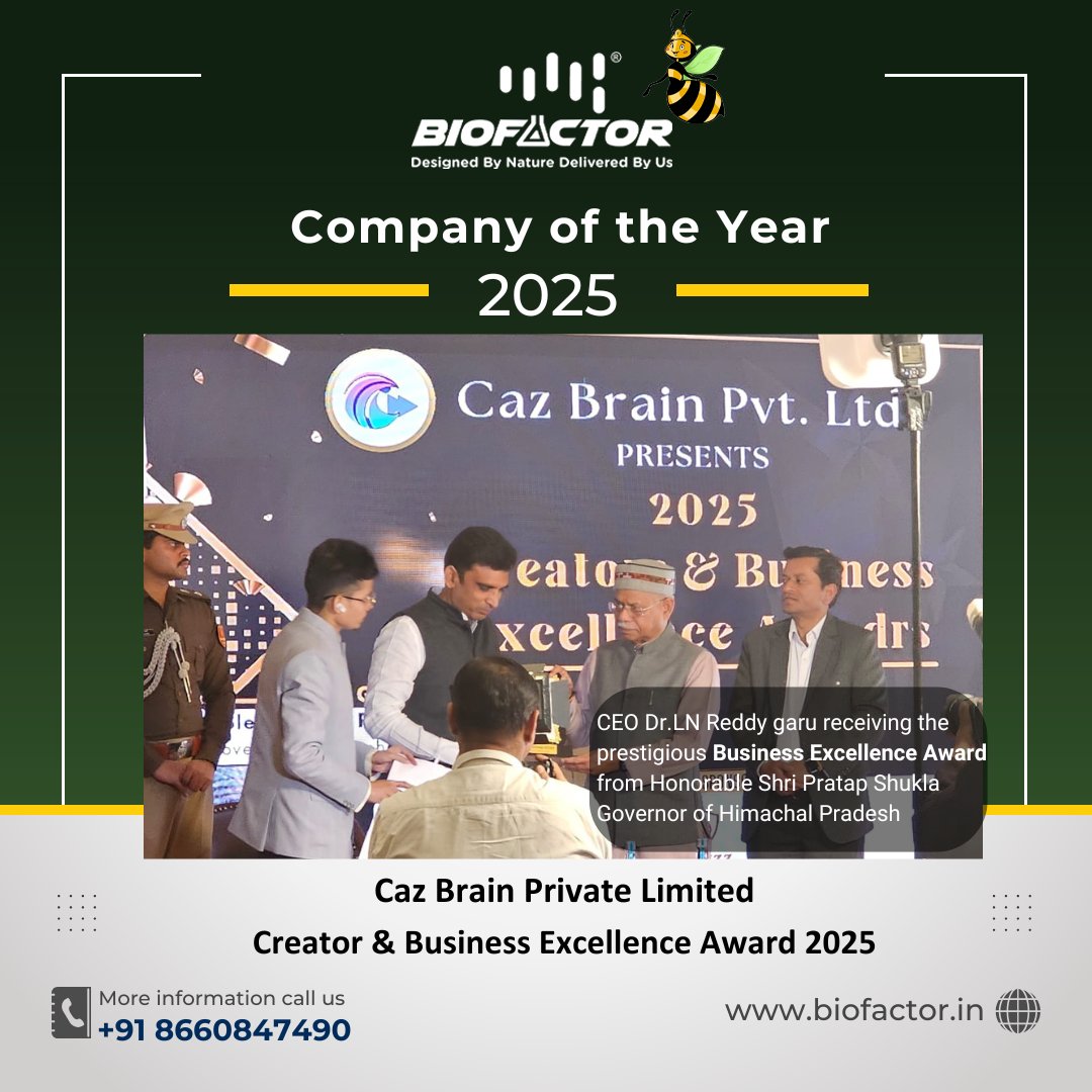 BiofactorIndia's tweet image. We are thrilled to announce that BIOFAC INPUTS PVT LTD has been honored with the "Company of the Year 2025" award in Agritech Inputs by Caz Brain Pvt. Ltd. 🎉🏆 presented by the Honorable Governor of Himachal Pradesh, Shri Pratap Shukla