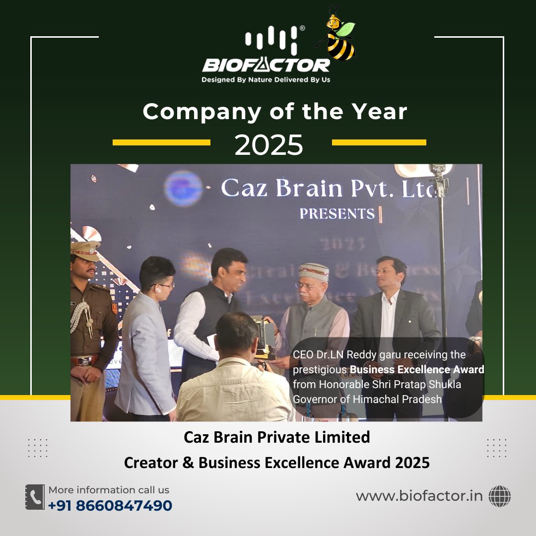 BiofactorIndia's tweet image. We are thrilled to announce that BIOFAC INPUTS PVT LTD has been honored with the "Company of the Year 2025" award in Agritech Inputs by Caz Brain Pvt. Ltd. 🎉🏆 presented by the Honorable Governor of Himachal Pradesh, Shri Pratap Shukla