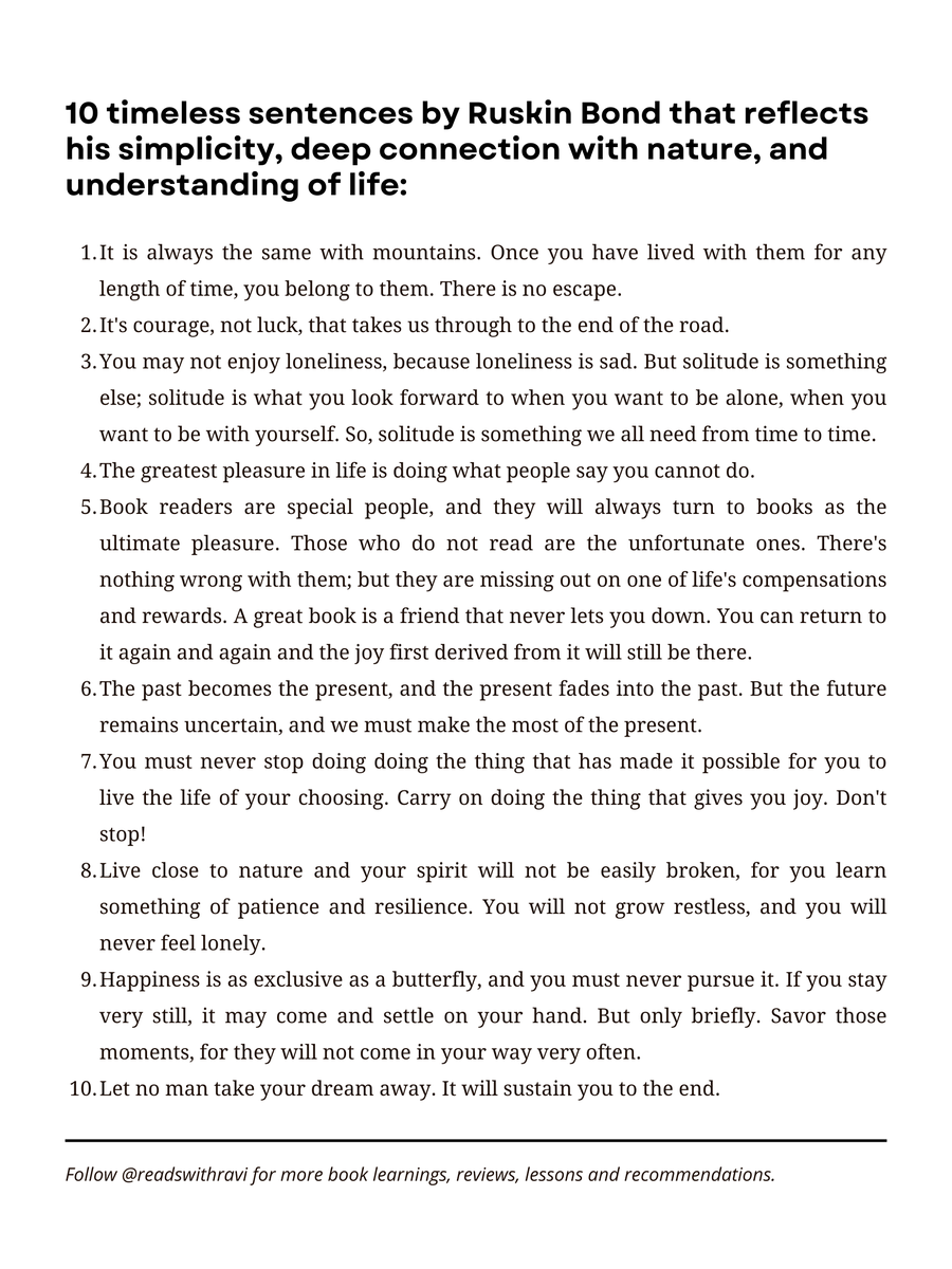 readswithravi's tweet photo. 10 timeless sentences by Ruskin Bond that reflects his simplicity, deep connection with nature, and understanding of life: https://t.co/6ovf90F60I
