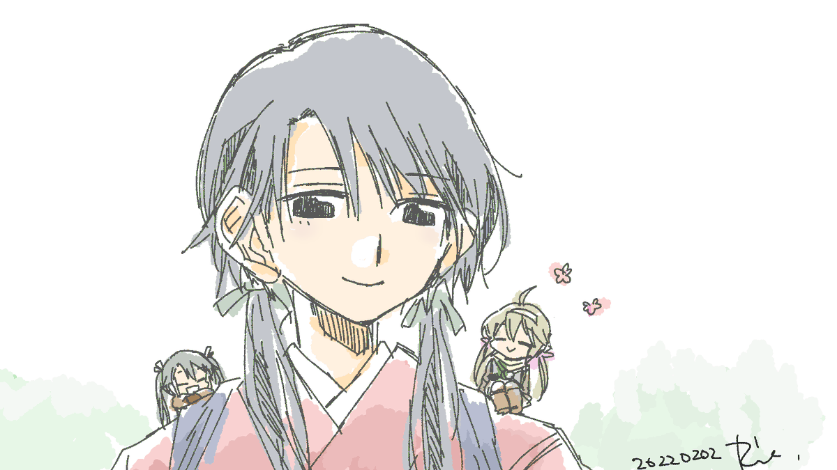 鳳翔(艦これ) 「再掲ふたつおさげ鳳翔さん&妖精さん 」|RIEのイラスト