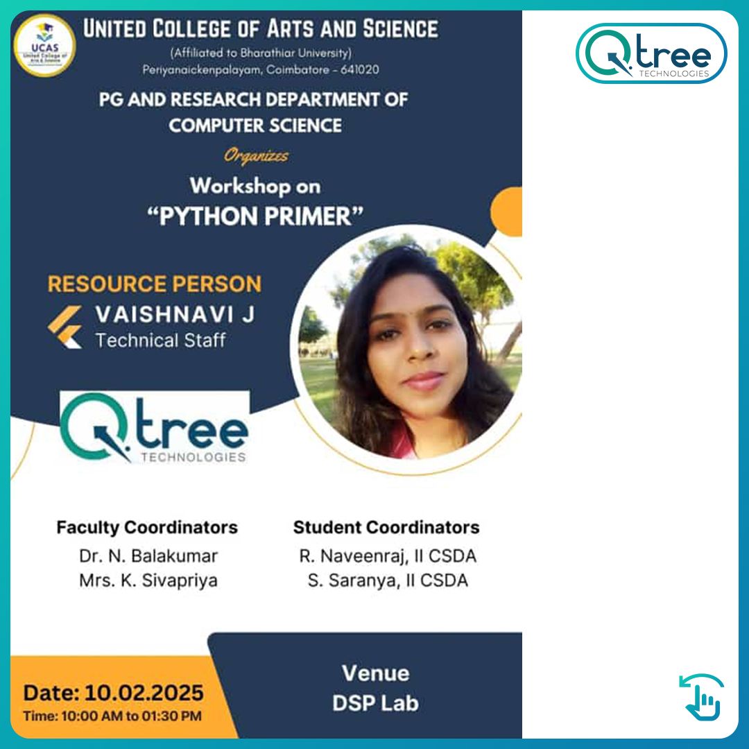 Qtreetech's tweet image. United College of Arts and Science, in collaboration with Qtree Technologies, successfully hosted a Python Primer Workshop organized by Vaishavi J 
Call us at 8489900331 or mail to info@qtreetechnologies.com 
 #QtreeTechnologies #PythonPrimerWorkshop #PythonTraining #WorkshopSuc