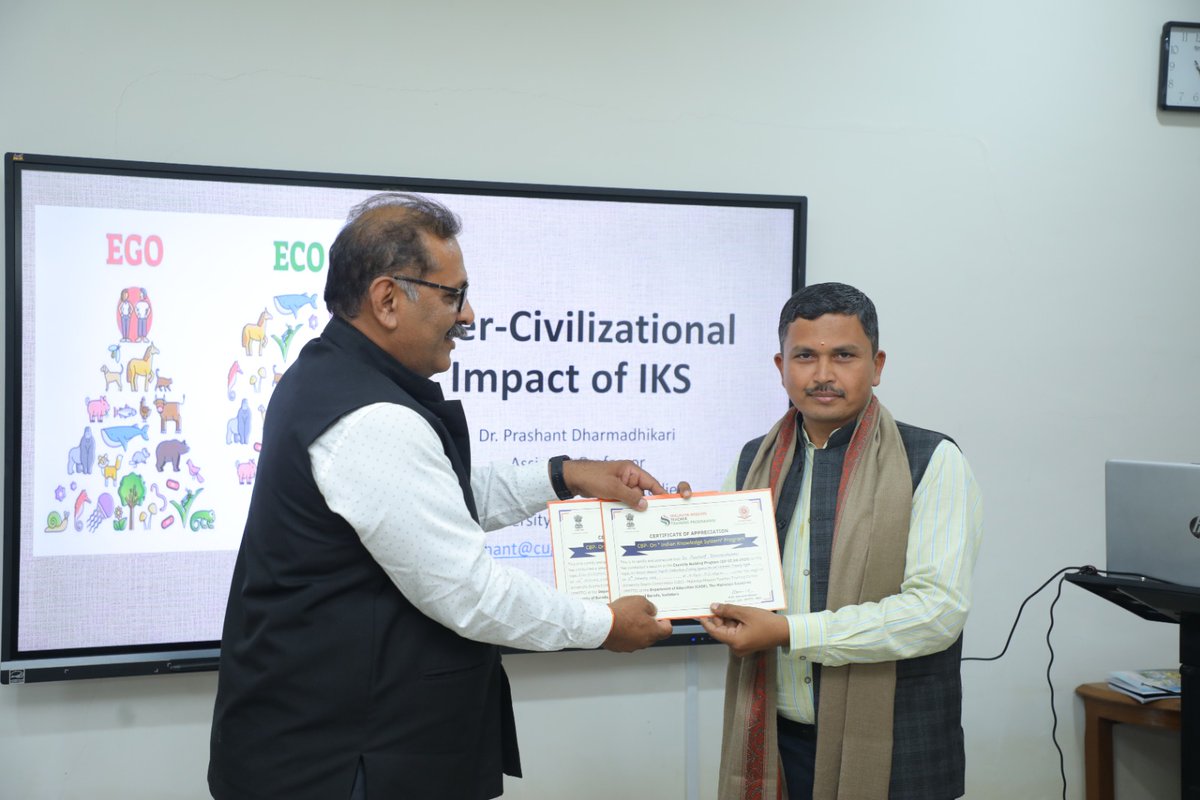 PROCUG1's tweet image. Dr. Prashant P. Dharmadhikari, CUG, was invited as a resource person for the UGC’s six-day Capacity Building Training Programme IKS. He delivered  lectures on &quot;Inter-Civilizational Impact of IKS&quot; on 13th &amp;amp; 14th Feb,2025 at the MMTTC, MS Uni. Vadodara.
 #IndianKnowledgeSystem #UGC