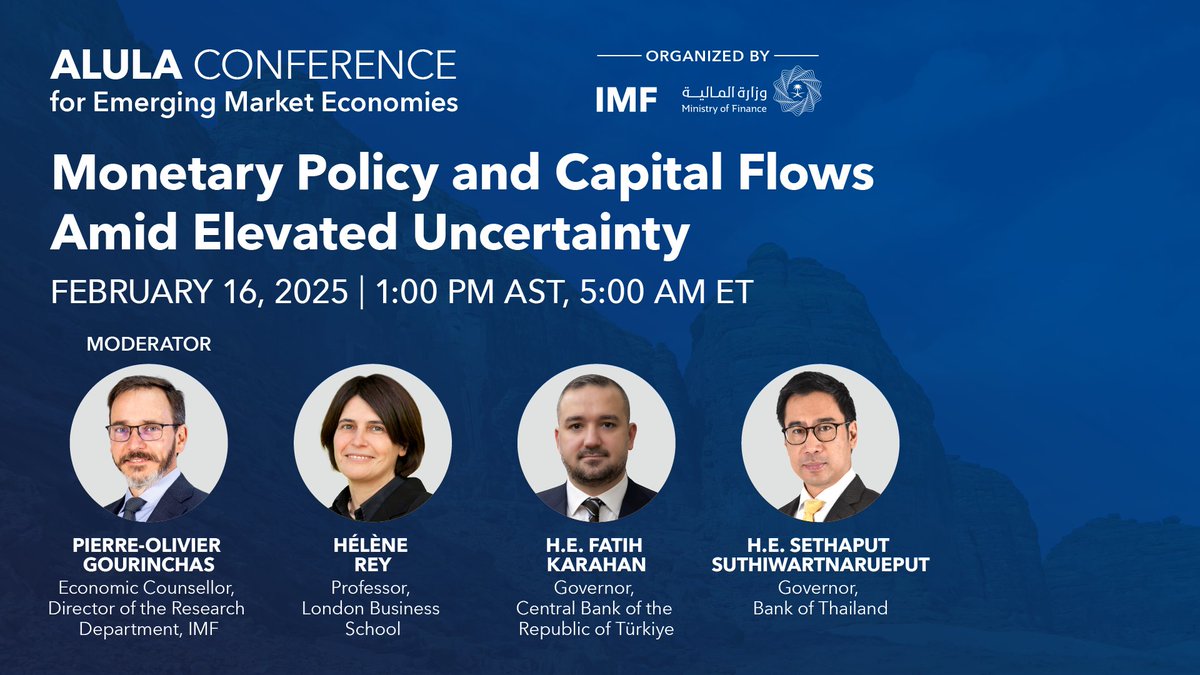 IMF Middle East & North Africa (@imfinmena) on Twitter photo SAVE THE DATE: IMF Chief Economist <a href="/pogourinchas/">Pierre-Olivier Gourinchas</a> moderates a high-level panel on the future of monetary policy and capital flows in emerging economies as part of #AlUlaCEME2025.
🗓️: February 16, 2025
alulaemde.info SAVE THE DATE: IMF Chief Economist <a href="/pogourinchas/">Pierre-Olivier Gourinchas</a> moderates a high-level panel on the future of monetary policy and capital flows in emerging economies as part of #AlUlaCEME2025.
🗓️: February 16, 2025
alulaemde.info