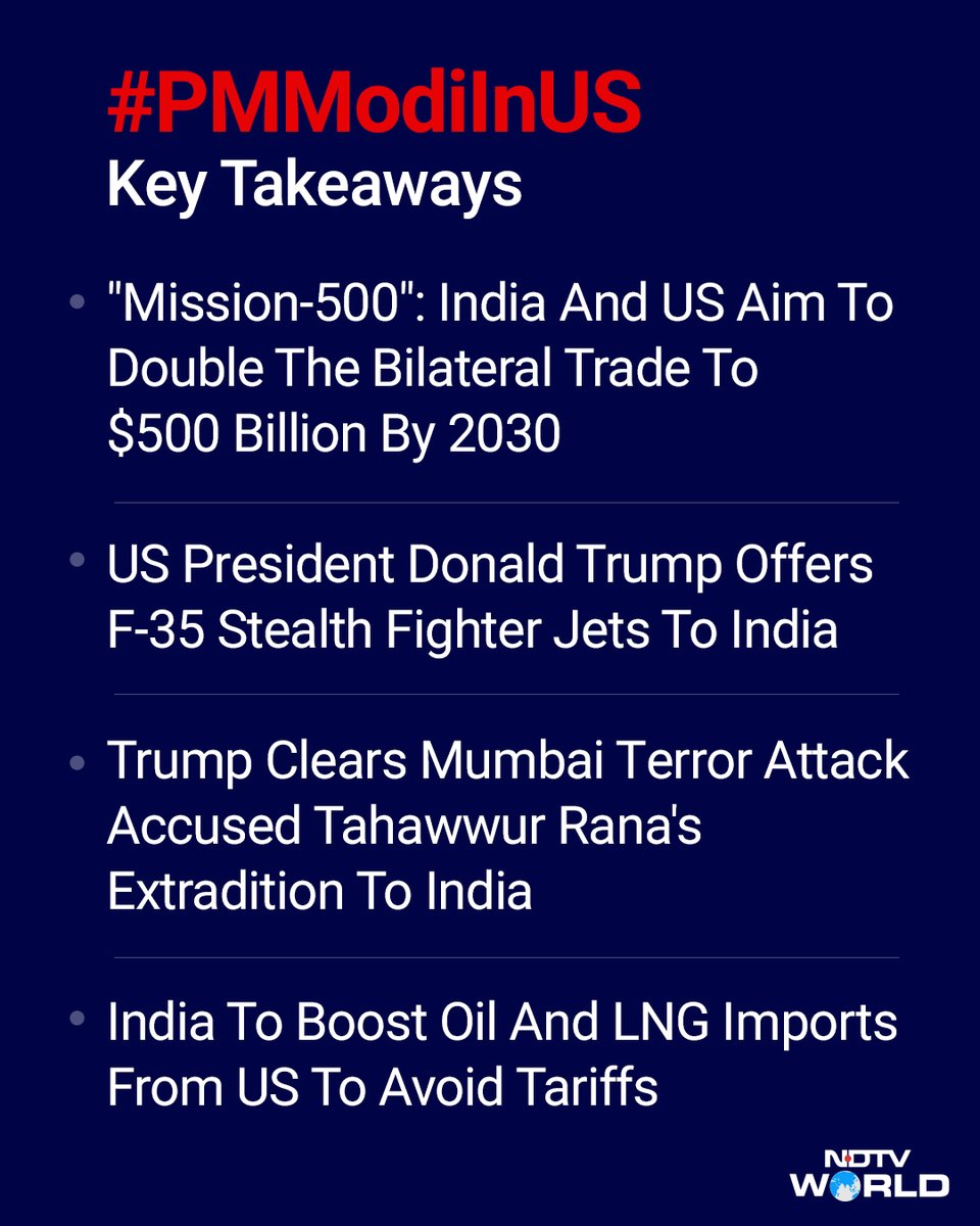 NDTVWORLD's tweet photo. #PMModiInUS | Key takeaways:
#NarendraModi #DonaldTrump #PMModiInUSA https://t.co/vsoMDEcOlB