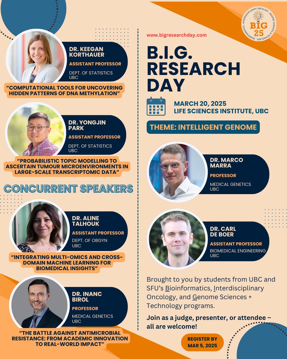 BIG25 is around the corner, and we’ve got an incredible lineup of keynotes waiting for you. 
Don’t miss out— March 20th at UBC’s Life Sciences Institute. #BIG25