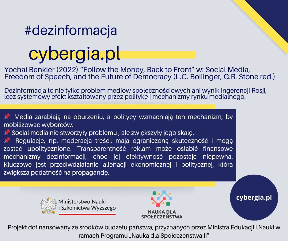 #Dezinformacja to nie tylko problem technologiczny związany z social mediami, ale systemowy efekt zw. z polityką i rynkiem medialnym. #Media sprzedają oburzenie i wzmacniają podziały. Należy przeciwdziałać alienacji i polaryzacji  cybergia.pl <a href="/MNiSW_GOV__PL/">Ministerstwo Nauki i Szkolnictwa Wyższego</a>