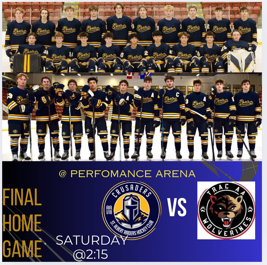 Come on out to the CRUSADERS Final Home Game! Cheer us on while we celebrate U18 AA Hockey community and our 2007 Graduates! 💙💛#raidersforever