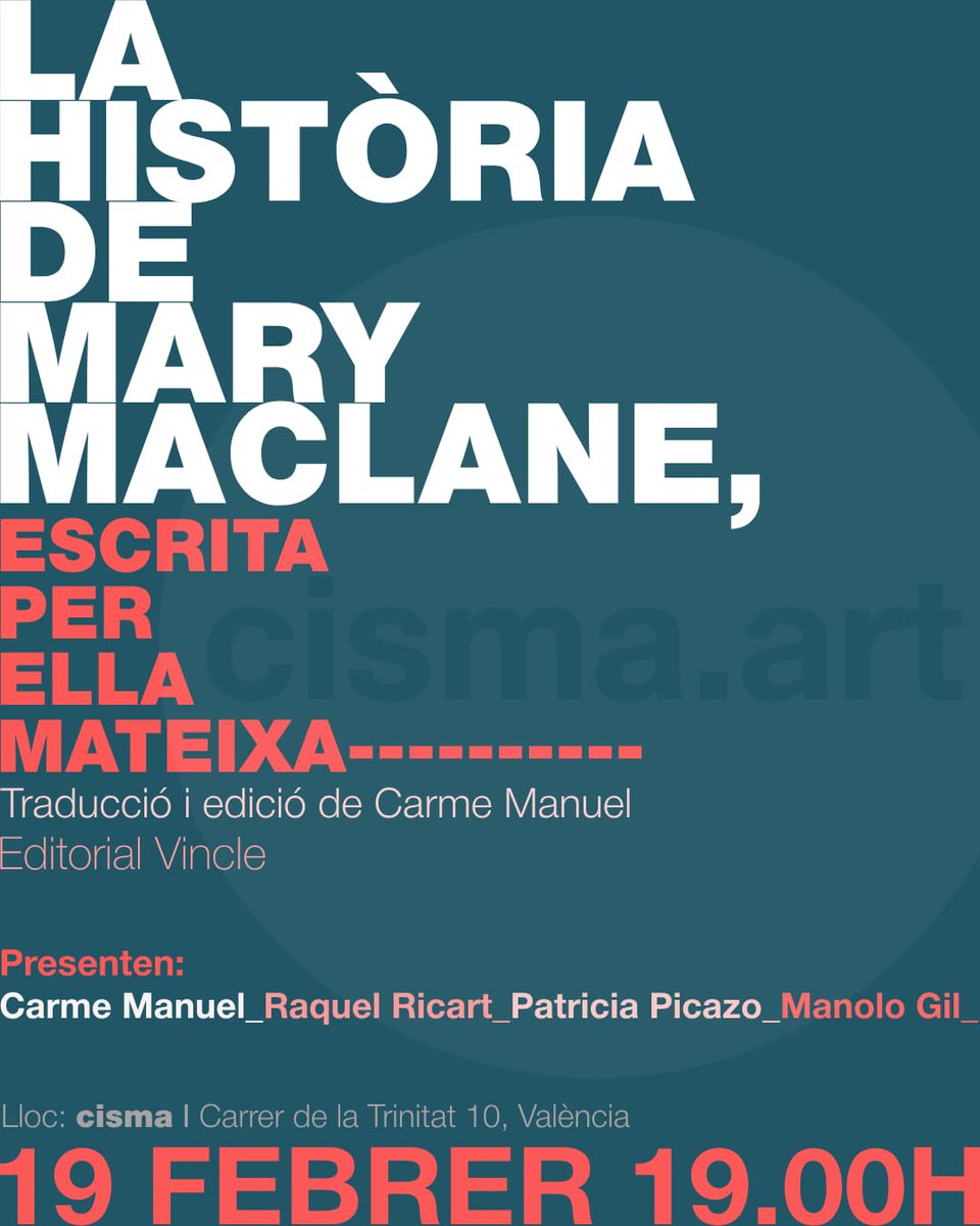 Ens trobem dimecres a Cisma.art amb Mary MacLane, Carme Manuel,  <a href="/RaquelRicart1/">Raquel Ricart</a> i <a href="/picazosanz/">Patricia Picazo</a> . <a href="/Vincle_Ed/">Vincle Editorial</a>