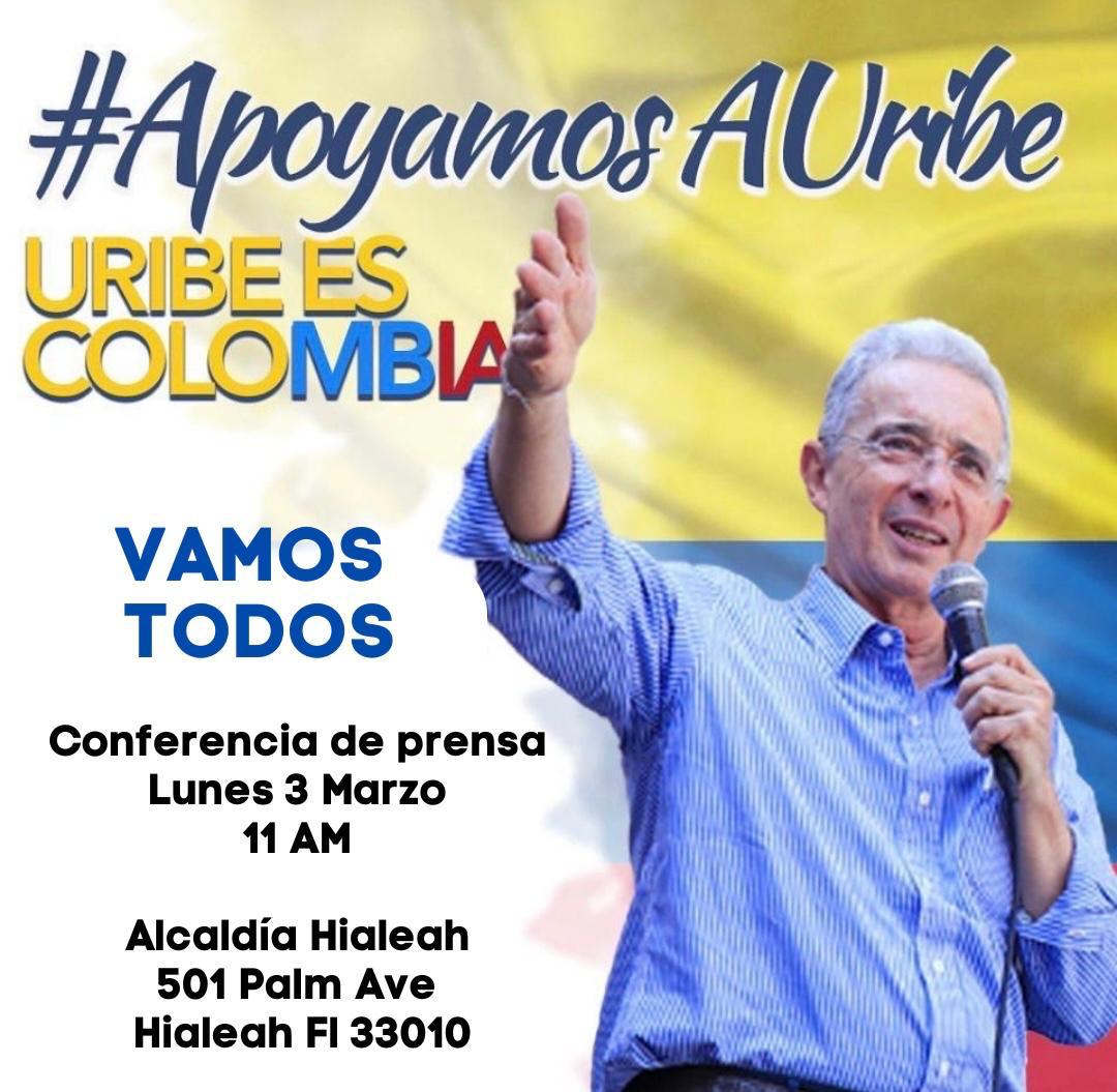 Amigos en Miami! Vamos a demostrarle al Presidente <a href="/AlvaroUribeVel/">Álvaro Uribe Vélez</a> todo nuestro respeto y apoyo asistiendo este lunes a la alcaldía de Hialeah. #YoCreoEnUribe #ApoyemosAUribe #FirmesConElCucho
#DelOpinismoAlActivismo