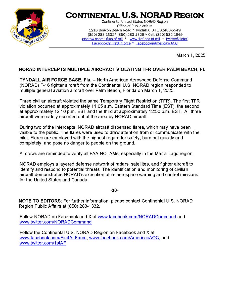 #NORAD F-16s intercepted 3 civilian aircraft violating airspace restrictions over Palm Beach, FL today. Flares were deployed during two intercepts.  All aircraft were safely escorted out of the area.  Reminder: Always check FAA NOTAMs!
