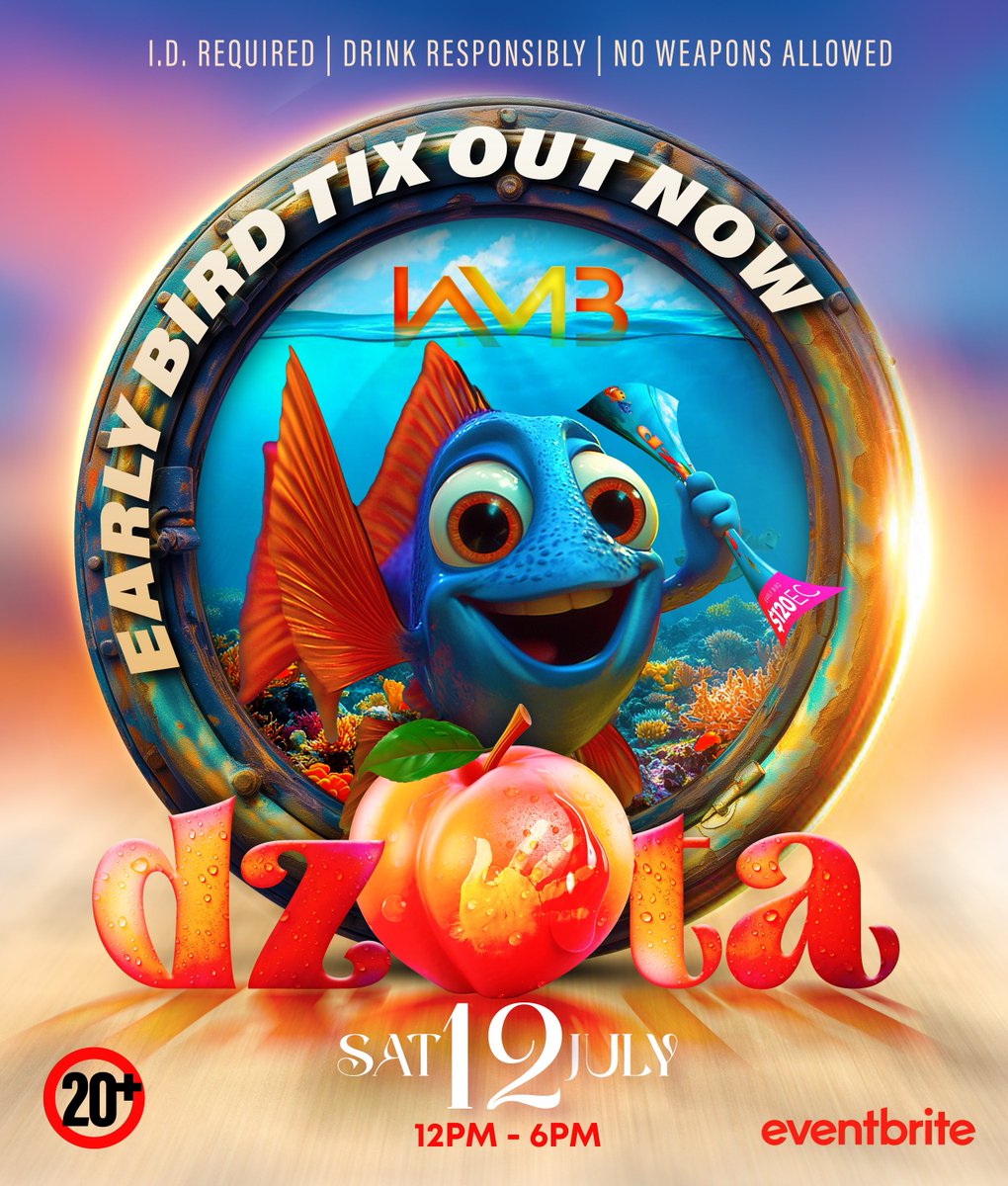 WMB_Ent's tweet photo. DZ🍑TA EARLYBIRD TICKETS LIVE NOWW‼️
🎟️E-tickets available on Eventbrite (Link in Bio)
🎫 DM the page for Physical Tickets
🧊SMALL COOLERS ALLOWED
⚠️20 & OLDER
🪪 I.D Required
Beaches + liquor , Recipe for DZASSTA‼️
.
.
#wqWMB #DZASSTA #DZ🍑TA #FindingNEMO
#THEMEDEvent https://t.co/eEsBYfT4aO