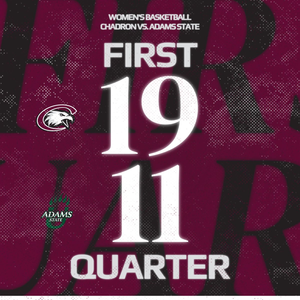 After the first quarter, Chadron State leads, 19-11.

Ashayla Powers - 8 pts
Olivia Waufle - 4 pts