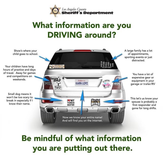 The Sheriff’s Department  would like to remind you to be mindful of what information may be displaying on your vehicle. 🚗 🚙 Some information, such as the ones pictured, may be revealing for potential thieves. 🥷

It’s okay to personalize your vehicle, just be mindful of what