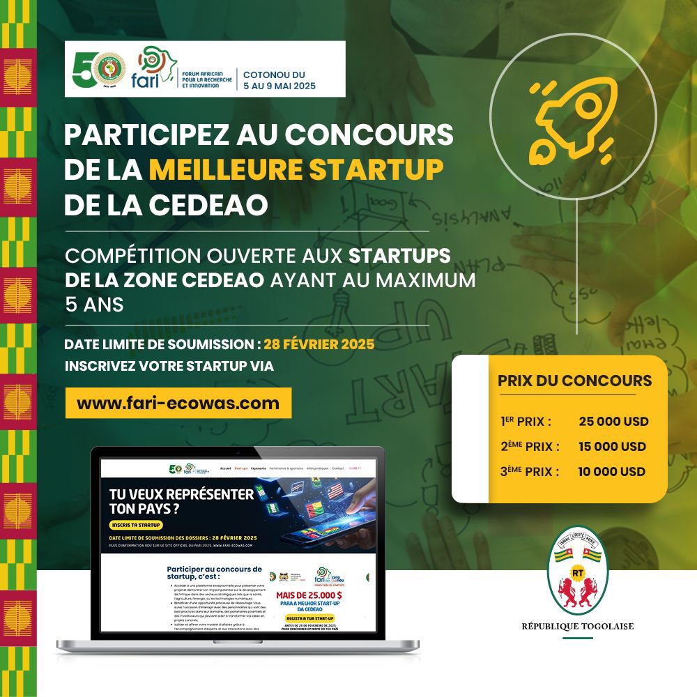 Participez au concours de la meilleure startup de la #CEDEAO jusqu’au 07 mars 2025.

Gagnez jusqu’à 25.000$ en inscrivant vos projets sur fari-ecowas.com 

#ADTPME #TPME #Startup #Ecowas