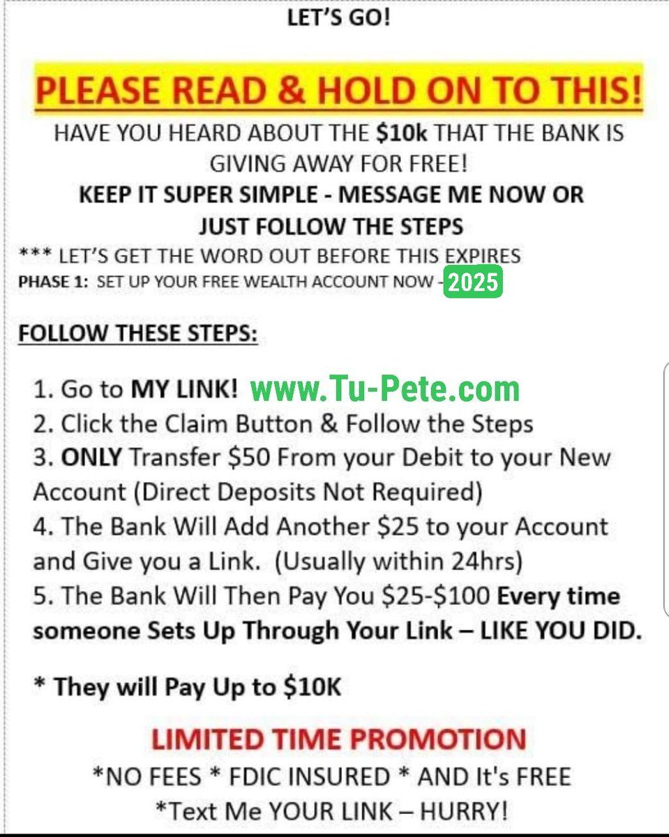 CoachTuForEx's tweet image. 1.Go To Tu-Pete.com
2. Click The Claim Button 
3. Set Up Your Account.  
⭐  Remember: Only Transfer $50 into your New Account, so the Bank can Send u your 1st Payment.. Congrats!