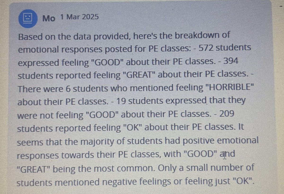 Love this. <a href="/miMoveApp/">miMoveApp</a> is absolutely brilliant in knowing the impact of our curriculum 1. From set questions finding out what they learned 2. How they felt about the lesson and why. Have a list of students to spend some time with next week &amp; actions for teachers in their lessons