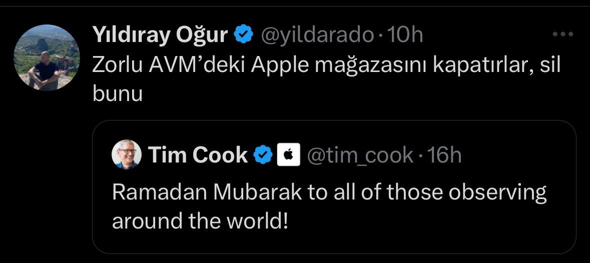 Zorlu Holding CEO’sunu savunan sözde laik lümpenlere Apple CEO’su cevap vermiş… en çok güldüğüm de bu tweeti altıntılayan görselde paylaştığım arkadaş 😊