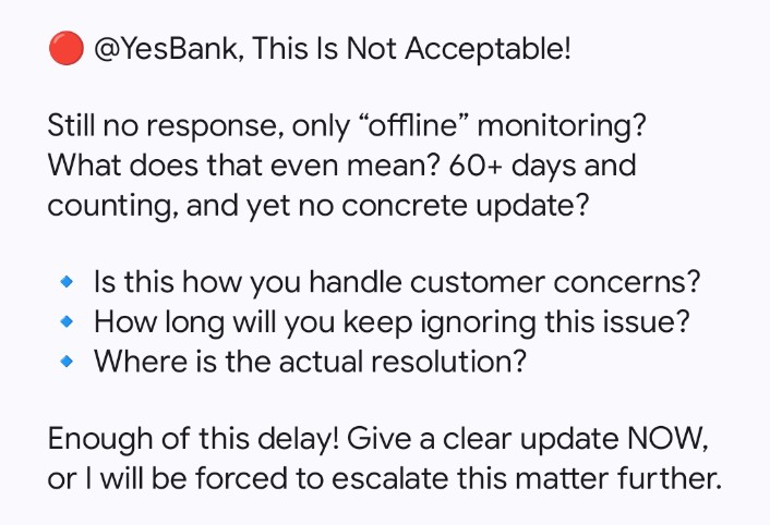 Kagzi_Siddiq's tweet photo. #YesBank #CustomerNeglect #WorstBankingService #StopIgnoringCustomers #NeedResolution
@RBI
@customercare
#CustomerSupport
Bhai sab log @YESBANK ko teg karo or 7 me sher b karo please bhai mera case ka jaldi solution ye de isliye sab meri help kare bhai,🙏🙏🙏🙏😪 https://t.co/kJ2VtZZa5t