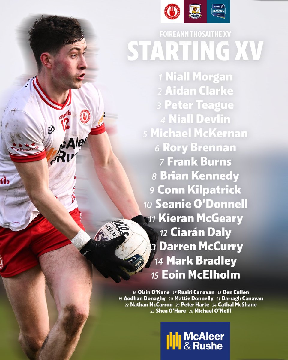 📣 Here's our Starting XV for tomorrow's Allianz Football League game against Galway. 

🏐 Allianz Football League R5
🆚 Tyrone v Galway
📍 Tuam
🕞 1:45 PM
🎟️ Purchase your tickets online, visit tireogha.in/cp58gn

#RedHandRising