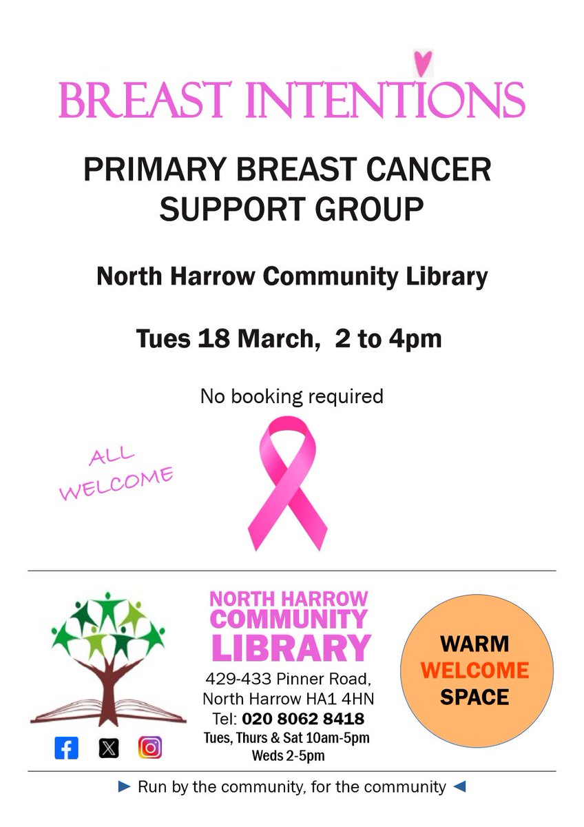 Our new support group “Breast Intentions”, where people can share experiences, feelings, and challenges related to breast cancer along the journey from diagnosis to post treatment

All welcome, no booking required.