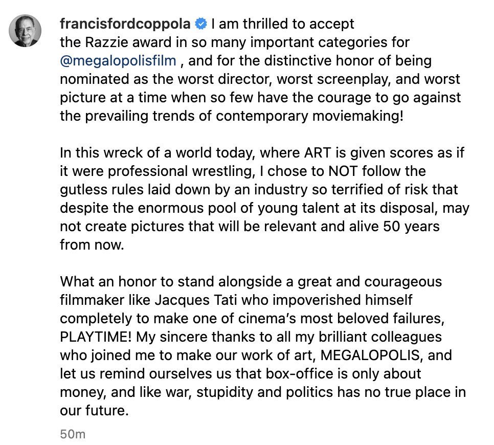 KarinaMoscol's tweet photo. … cuanta verdad dicha que ni siquiera podemos distinguir en estos tiempos donde poco o nada en el cine es un riesgo, una apuesta, es arte… es #cine 🙌🏾 . 

Grande siempre #francisfordcoppola https://t.co/KawQAND31B