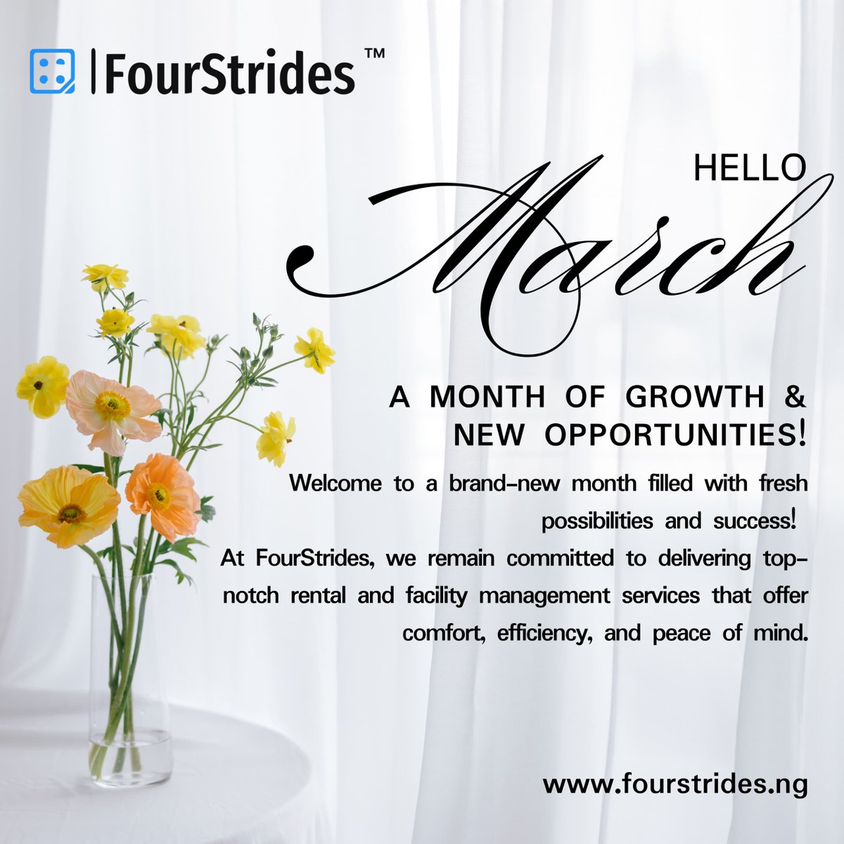 Welcome to March! 
A month filled with fresh possibilities and success! 
At FourStrides, we remain committed to delivering verified rental and facility management services that offer comfort, efficiency, and peace of mind. 
 #Propertyrentals #FourStrides #AbujaTwitterCommunity