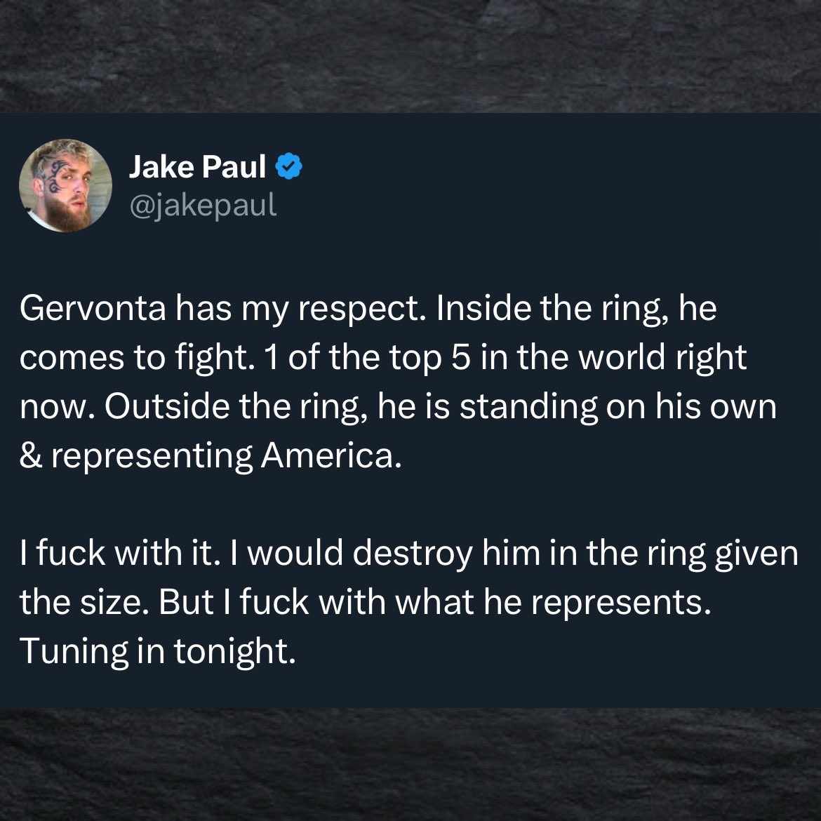 HitmanPromotion's tweet photo. Jake Paul gives respect to Gervonta Davis and will tune in to his fight tonight 🥊 https://t.co/ei8zpzVZt4