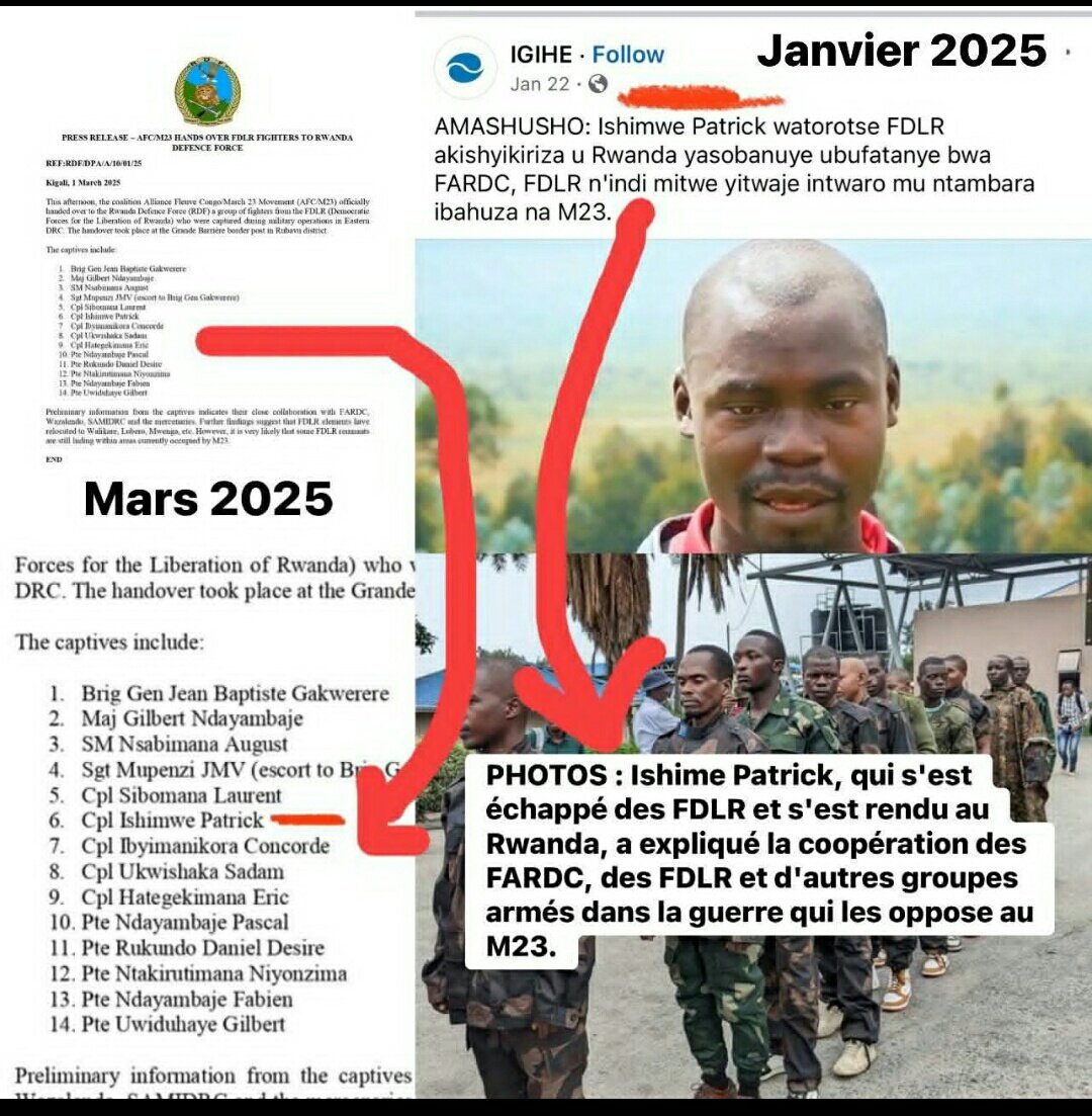 Janvier 2025 la presse rwandaise presente Ishimwe patrick comme un fdlr qui avait fui et se rendre au rwanda et il donnant comment les fdlr operent en RDC. Mars 2025, le rwanda nous represente Ishimwe patrick comme fdlr capturé par le m23 😀. Qui trompe qui ici? 😀😀