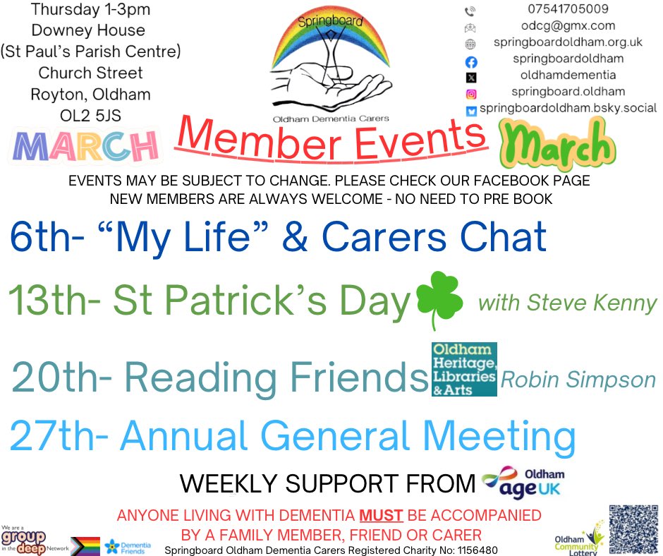 Springboard Oldham Dementia Carers Group (@oldhamdementia) on Twitter photo Here’s our schedule for March. We’ll be reminiscing, having entertainment from Steve Kenny 🎶 and <a href="/RobinCSimpson/">Robin Simpson</a> (with thanks to Reading Friends at <a href="/OldhamLibraries/">Oldham Libraries</a>) and ending with our AGM. With weekly support from <a href="/ageukoldham/">Age UK Oldham</a>
#OldhamHour #Dementia #Carers Here’s our schedule for March. We’ll be reminiscing, having entertainment from Steve Kenny 🎶 and <a href="/RobinCSimpson/">Robin Simpson</a> (with thanks to Reading Friends at <a href="/OldhamLibraries/">Oldham Libraries</a>) and ending with our AGM. With weekly support from <a href="/ageukoldham/">Age UK Oldham</a>
#OldhamHour #Dementia #Carers