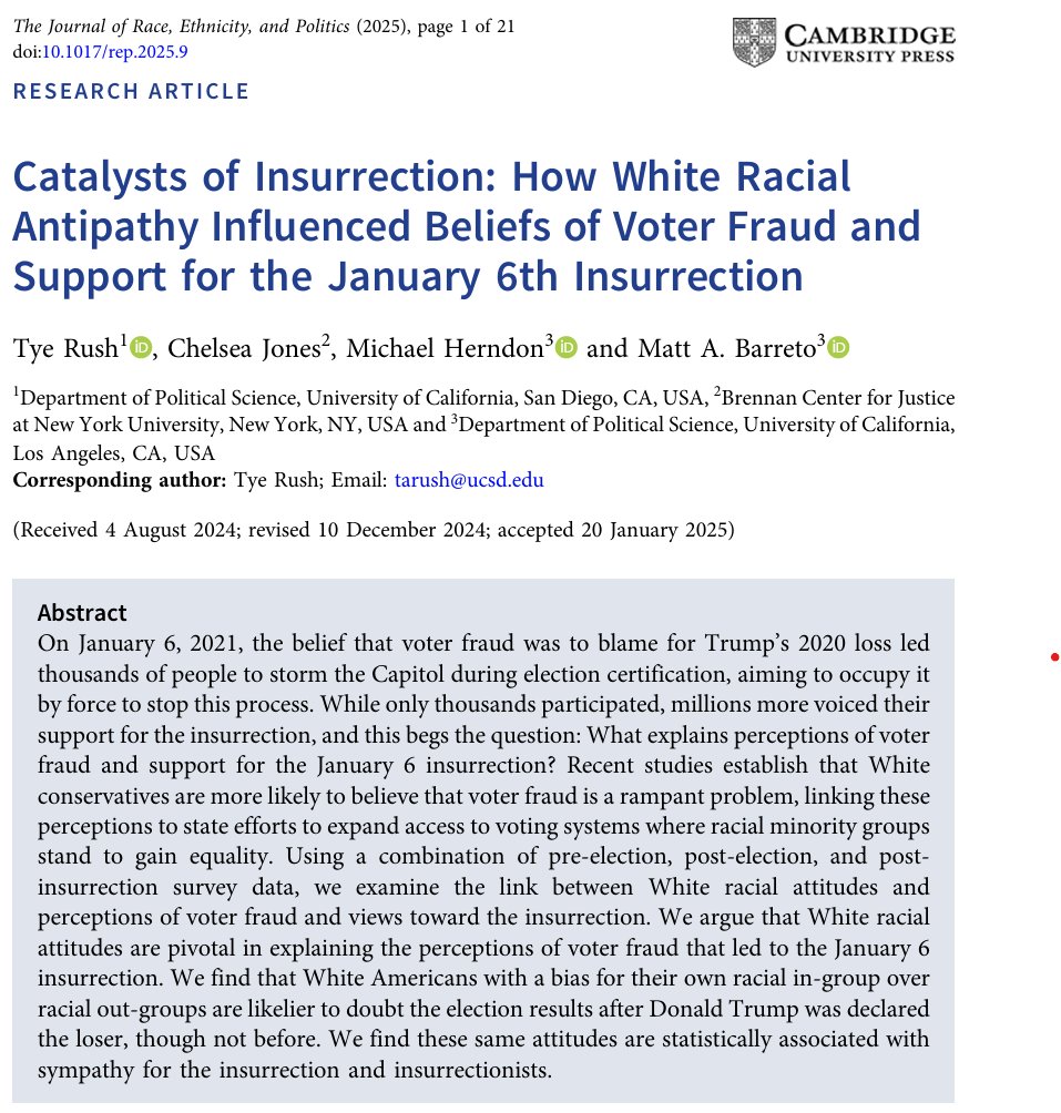 Very interesting article on White racial antipathy and support for January 6 riot.
cambridge.org/core/journals/…