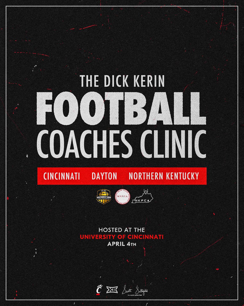 🚨 Save the Date! 🚨
The 2025 Dick Kerin Coaches Clinic Friday, April 4, 2025! 
Hosted by <a href="/GoBearcatsFB/">Cincinnati Football</a> 
📍 Nippert Stadium, University of Cincinnati
💰 $10 per coach | $125 per program
🍽 Free continental breakfast &amp; lunch
🕢 Registration: 7:30 AM <a href="/Mrhogan11/">Coach Kyle Hogan</a> <a href="/CoachBandstra/">Nicholas Bandstra</a>