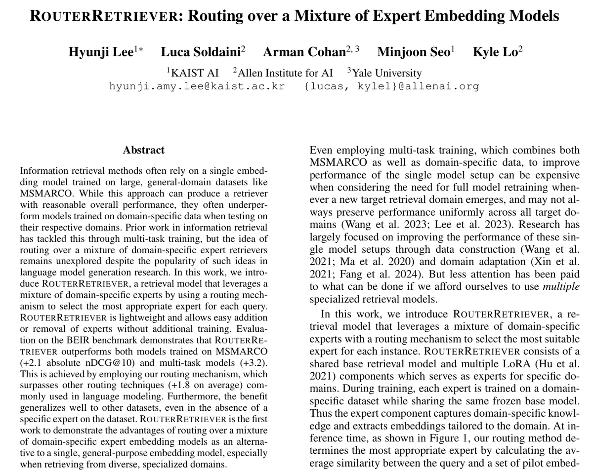 🤔MoE models show high performance in language modeling. What about retrieval tasks?

In our AAAI paper, “RouterRetriever: Routing over a Mixture of Expert Embedding Models,” we show that combining multiple domain-specific experts consistently outperforms single embedding models.