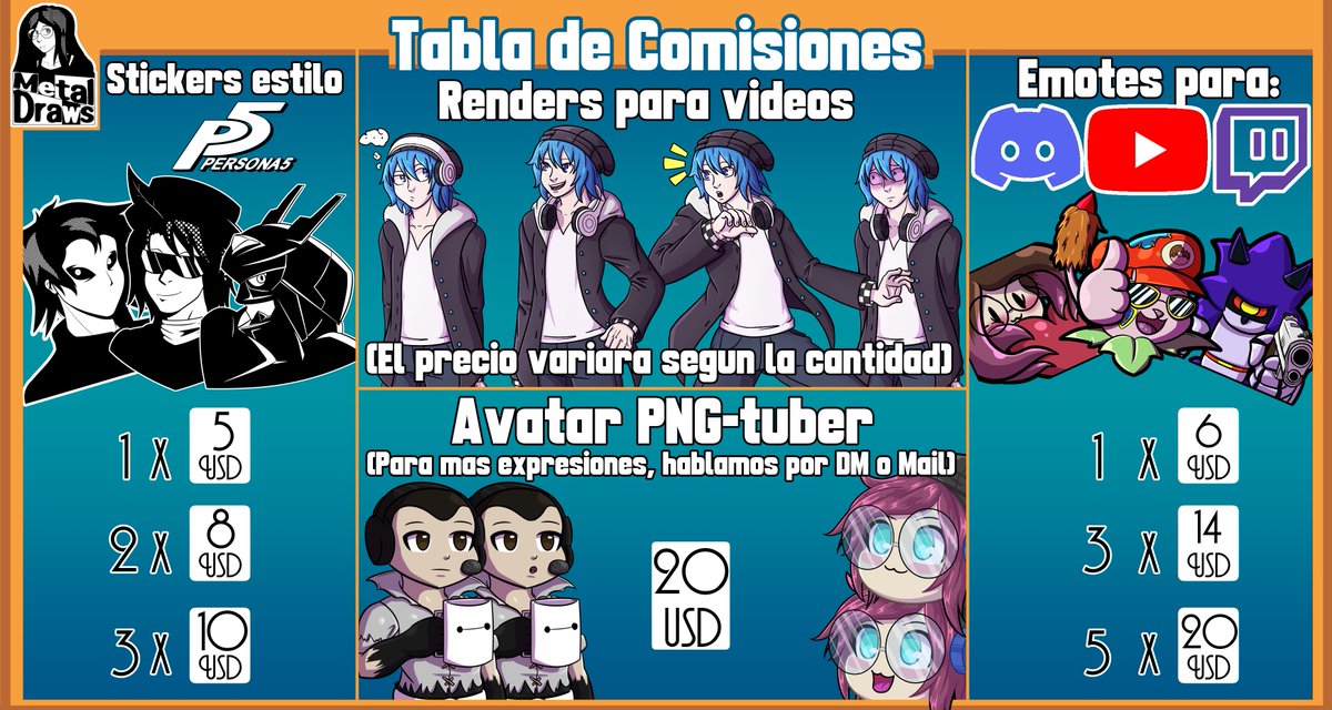 DrawsMetal's tweet image. ¡¡VUELVEN LAS COMISIONES!! 
¡¡Gente!! 
Después de un rato, vuelvo a abrir comisiones (con mas ejemplos y precios actualizados!
Recuerden que pueden contactarme por aquí (respondiendo a esta publicación o por MD), Discord y mi mail:
metaldraws23@gmail.com