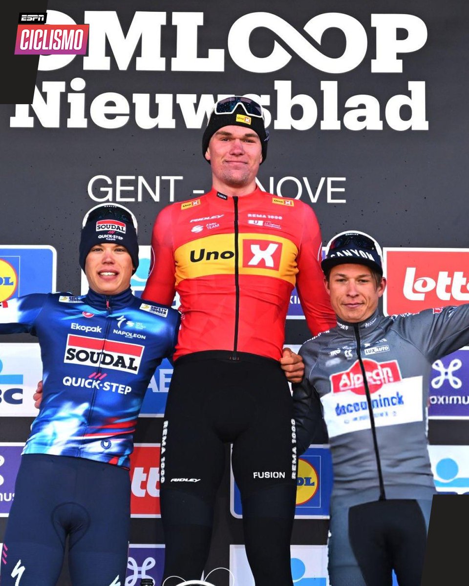 ESPNCiclismo's tweet photo. Así quedaron los podios de la #OHN25 👇🏼

🥇 Søren #Wærenskjold
🥈 Paul #Magnier
🥉 Jasper #Philipsen

🥇 Lotte #Claes
🥈 Aurela #Nerlo
🥉 Demi #Vollering https://t.co/O7KI9y4jRV