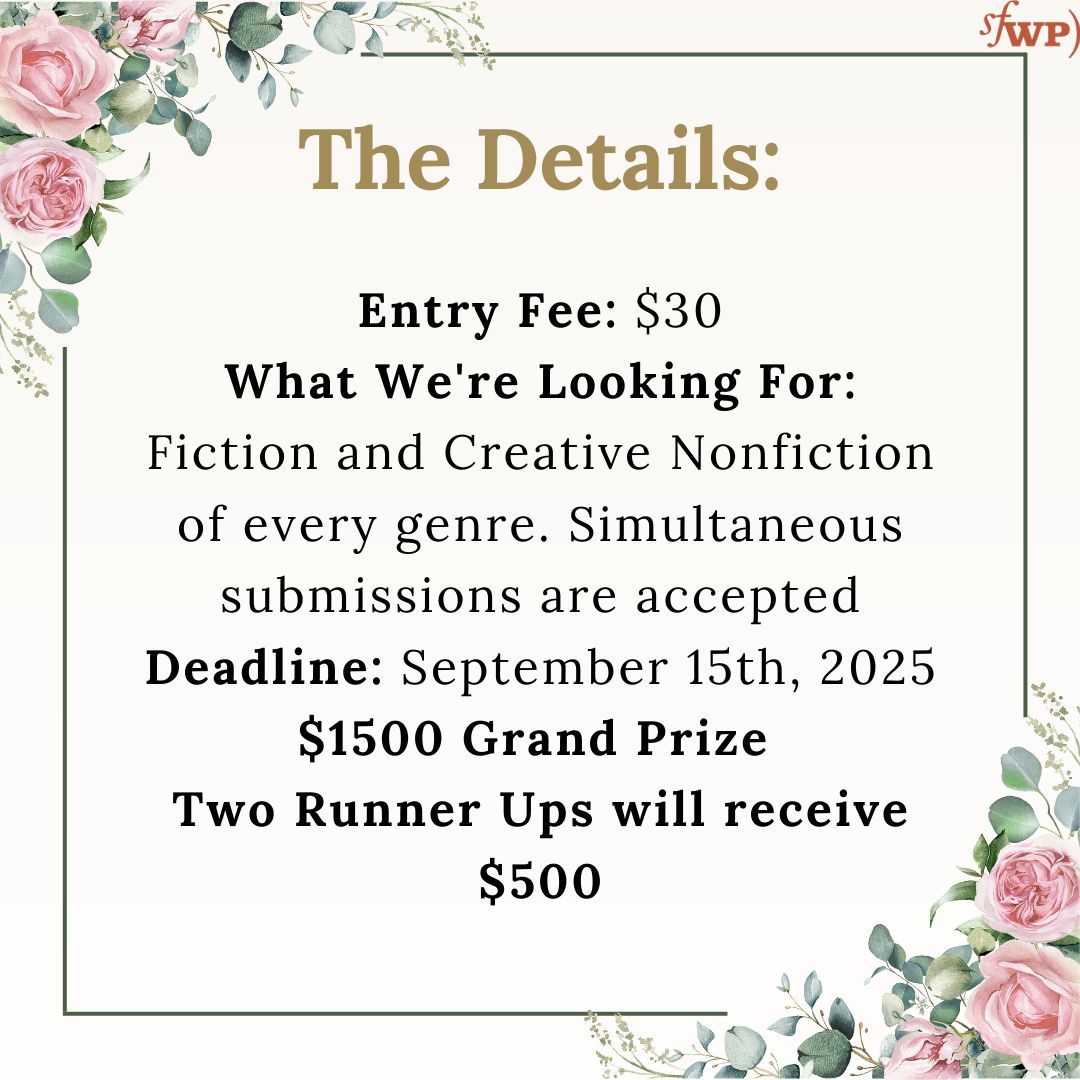 SFWP (@sfwp) on Twitter photo Submissions for the 2025 Literary Awards Program, with <a href="/DeeshaPhilyaw/">Deesha Philyaw</a> as our returning judge, are officially OPEN! Our entry fee is $30, but we consider EVERY manuscript submitted for possible publication.
Check out our full guidelines right here. buff.ly/41d2iQY Submissions for the 2025 Literary Awards Program, with <a href="/DeeshaPhilyaw/">Deesha Philyaw</a> as our returning judge, are officially OPEN! Our entry fee is $30, but we consider EVERY manuscript submitted for possible publication.
Check out our full guidelines right here. buff.ly/41d2iQY