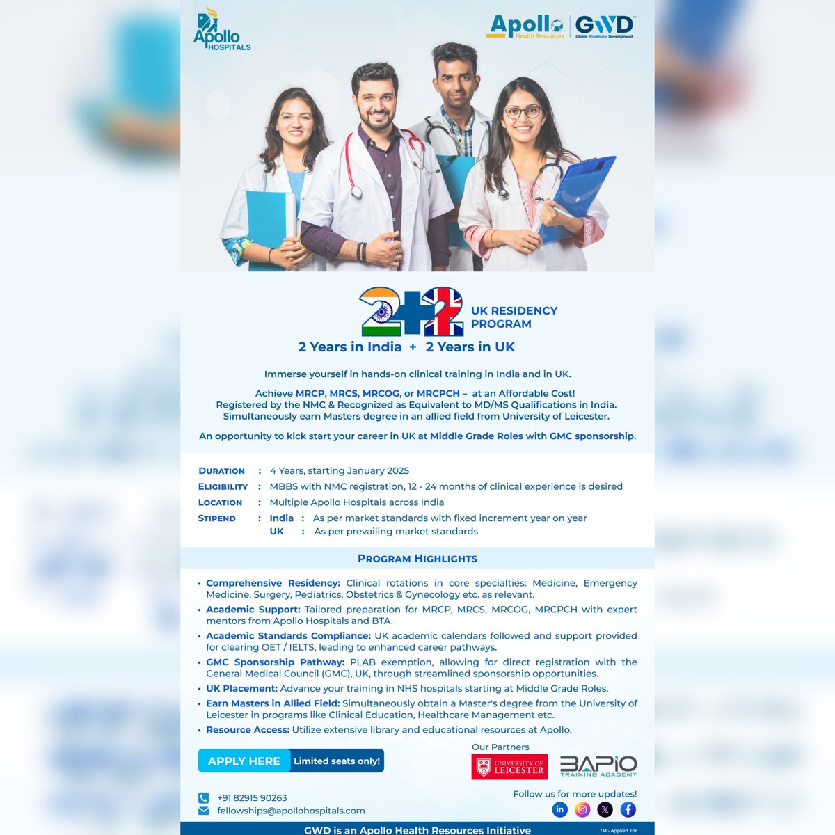 PG Medicine (@pgmedicineuk) on Twitter photo BTA-GWD-AHR Two Plus Programme
Apollo Hospitals in association with BAPIO Training Academy(BTA)
Streams Offered:
1. MRCP
2. MRCS
3. MRCPCH
4. MRCOG
5. MRCEM
5. FRCR
Admissions 2025 Batch Live
Enroll Now
Drop your queries to support@prepmrcp.com. BTA-GWD-AHR Two Plus Programme
Apollo Hospitals in association with BAPIO Training Academy(BTA)
Streams Offered:
1. MRCP
2. MRCS
3. MRCPCH
4. MRCOG
5. MRCEM
5. FRCR
Admissions 2025 Batch Live
Enroll Now
Drop your queries to support@prepmrcp.com.