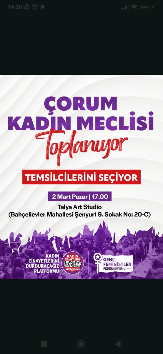 Çorum Kadın Meclisi Toplanıyor.✊🏼

🕐13.00
🗓️02.03.2025
📍Talya Art Studio (Bahçelievler mh. Şenyurt 9. Sk. No:20-C)