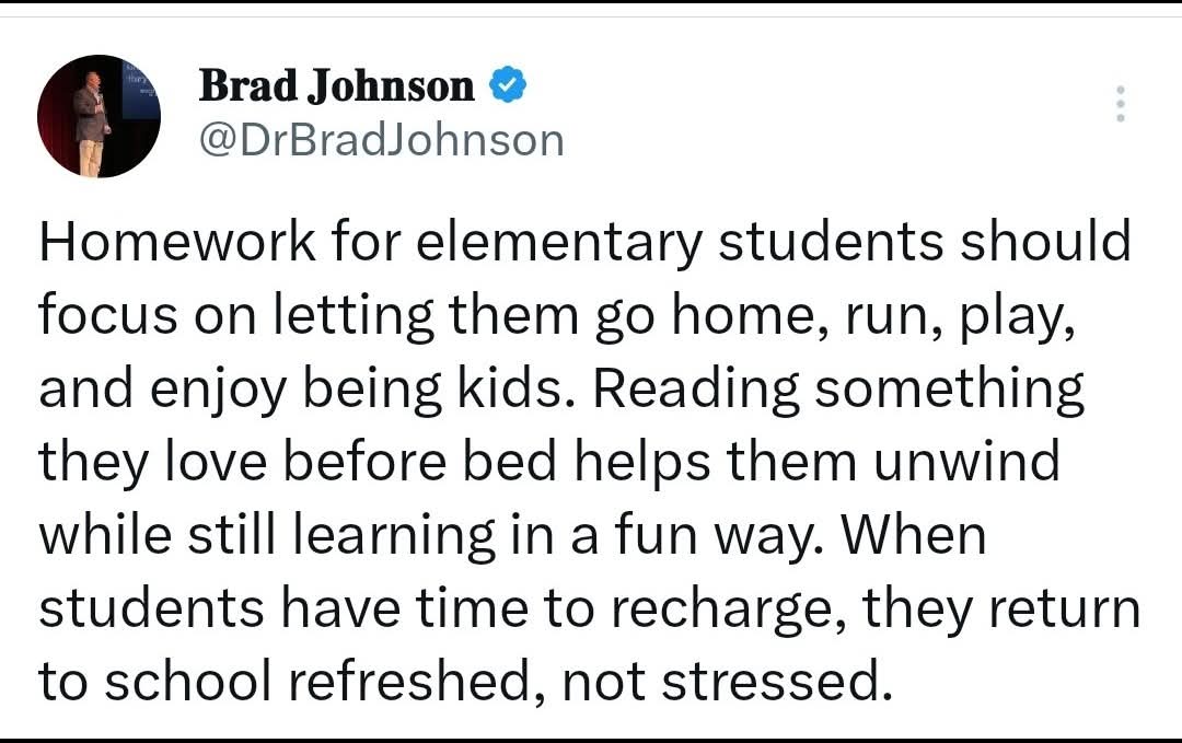 I love this! School IS a work day for our kiddos. They should not have to take work home as well. Let them play!