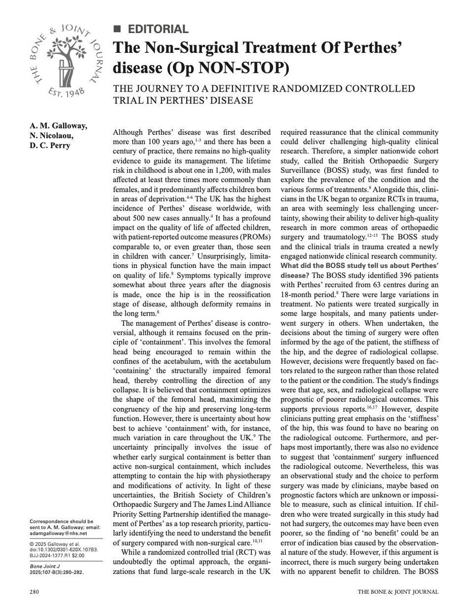 Surgery vs. The Non-Surgical treatment of Perthes Disease...The journey to a definitive RCT.

Check out our editorial - FREE to access in the <a href="/BoneJointJ/">The Bone & Joint Journal</a> - boneandjoint.org.uk/Article/10.130… 

OpNonSTOP.org 

<a href="/BritOrthopaedic/">BOA</a> <a href="/Oxford_Trauma/">Oxford Trauma and Emergency Care</a> <a href="/NIHRresearch/">National Institute for Health and Care Research</a> <a href="/BSCOS_UK/">British Society for Children’s Orthopaedic Surgery</a> #Perthes