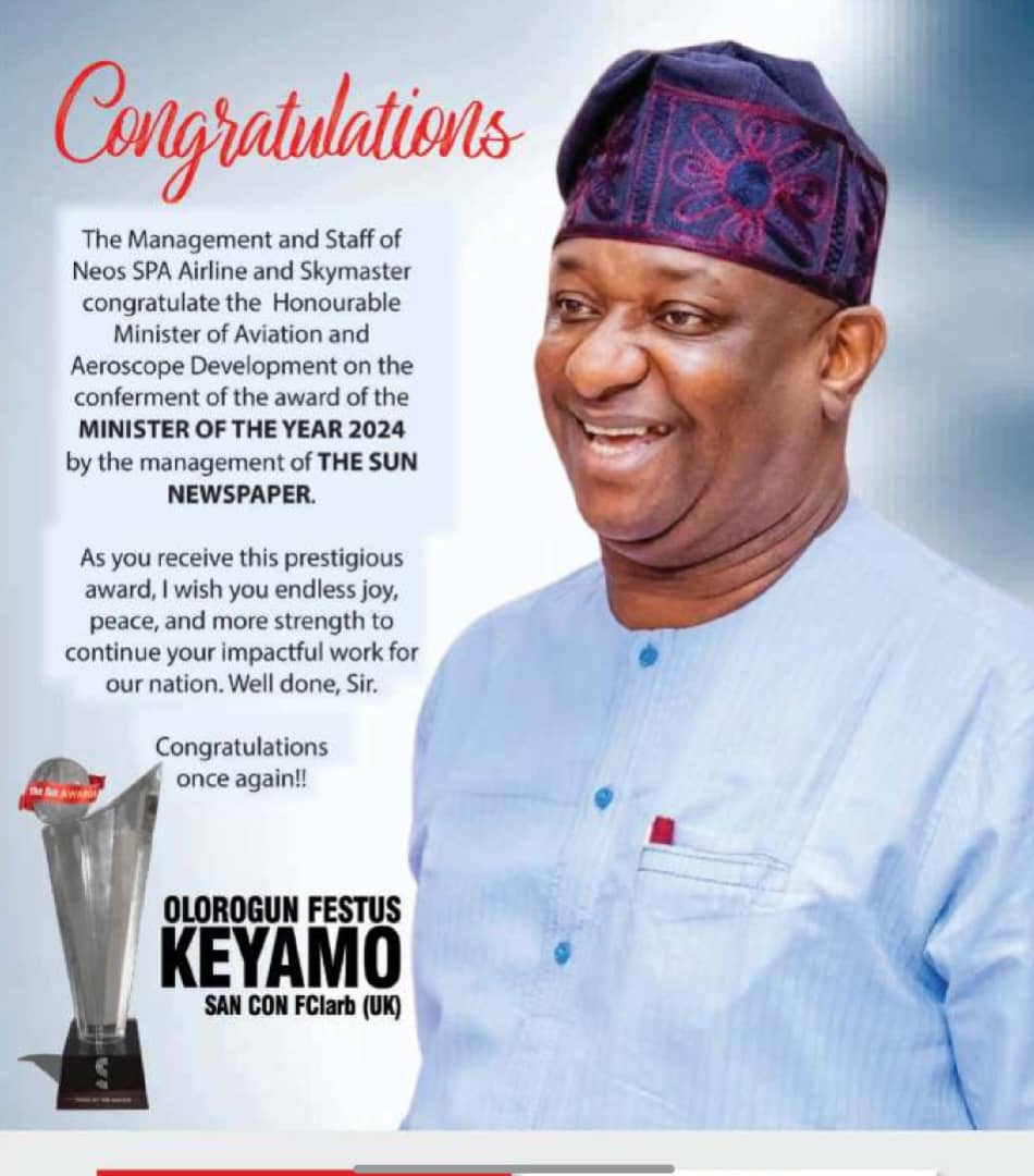 Voluwaseun1's tweet photo. #aviationToday: Another well deserved AWARD to FESTUS KEYAMO @FKEYAMO SAN, the Honourable Minister of Aviation and Aerospace Development @fmaviationng, as the SUN NEWSPAPER @thesunnigeria MINISTER OF THE YEAR. A man that brought #RenewedHope changes to Nigeria Aviation Sector. https://t.co/j0WPePQ48y